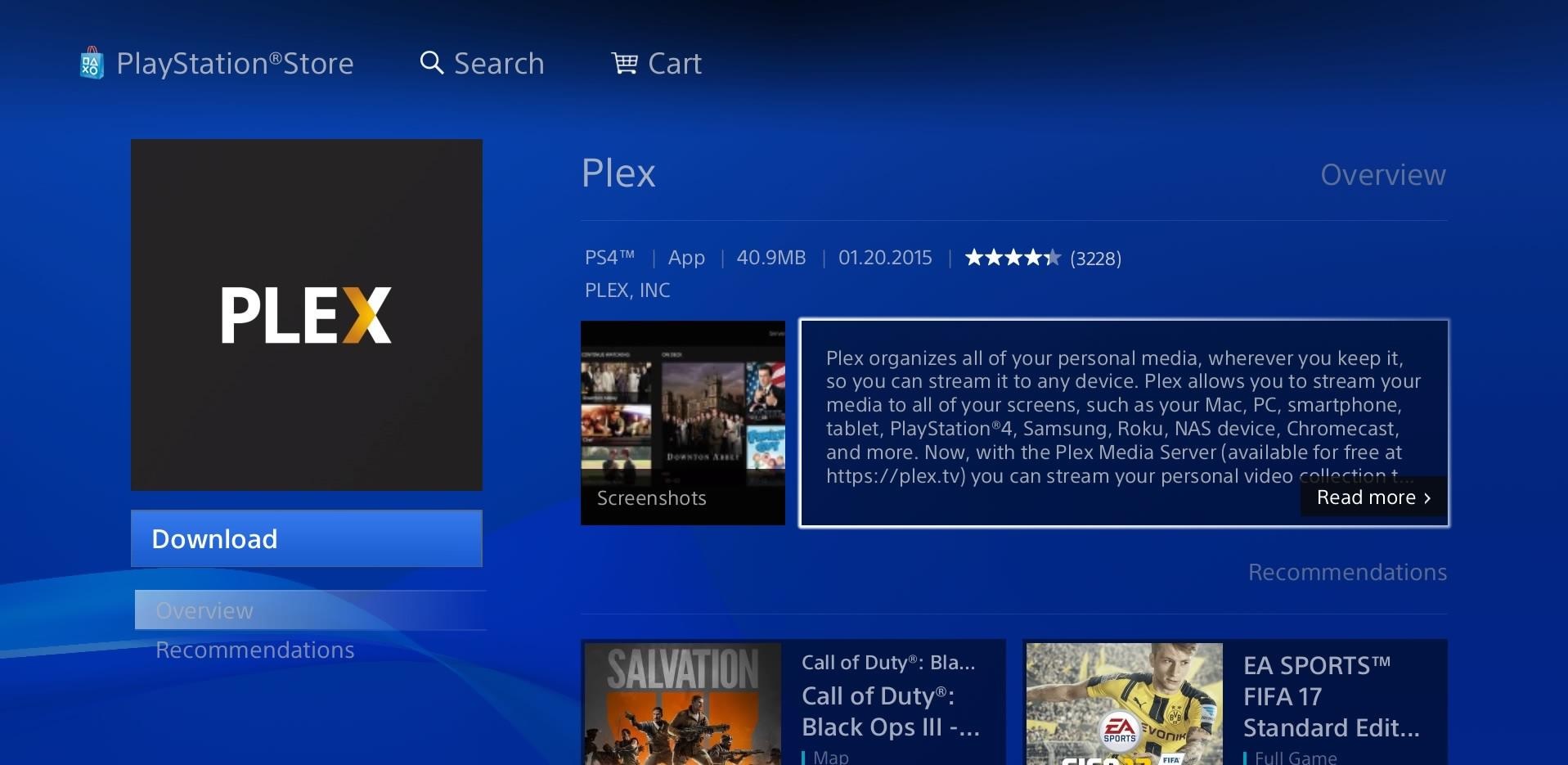Plex PS4 download page
